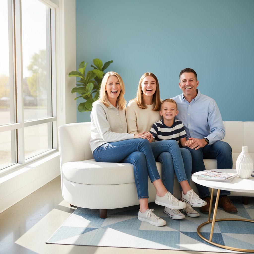 Rodzina z dziećmi uśmiechająca się podczas wizyty w gabinecie stomatologicznym